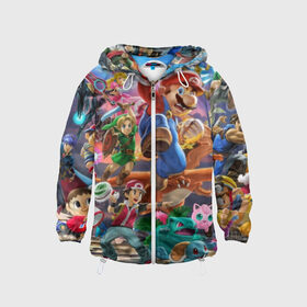 Детская ветровка 3D с принтом Super Smash Bros ultimate в городе Новоалтайск, 100% полиэстер | подол и капюшон оформлены резинкой с фиксаторами, по бокам два кармана без застежек, один потайной карман на груди | Тематика изображения на принте: game | mario | nintendo | nintendo all star | pikachu | pokemon | super smash bros | ultimate | джиглипафф | донки конг | зельда | игры | линк | марио | нинтендо | пикачу | покемоны | эш