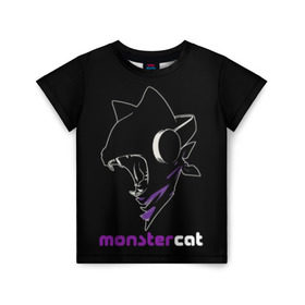 Детская футболка 3D с принтом Monstercat в городе Новоалтайск, 100% гипоаллергенный полиэфир | прямой крой, круглый вырез горловины, длина до линии бедер, чуть спущенное плечо, ткань немного тянется | monstercat | клуб | клубная музыка | кот | котенок | кошка | лейбл | монстар | монстар кет | монстер | музыка | танцевальная музыка | электронная | электронная музыка