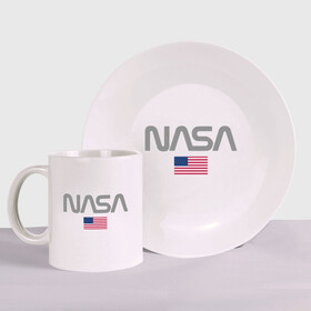 Набор: тарелка + кружка с принтом Nasa USA в городе Новоалтайск, керамика | Кружка: объем — 330 мл, диаметр — 80 мм. Принт наносится на бока кружки, можно сделать два разных изображения. 
Тарелка: диаметр - 210 мм, диаметр для нанесения принта - 120 мм. | nasa | space | usa | звезды | космос | наса | планеты