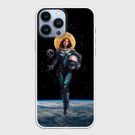 Чехол для iPhone 13 Pro Max с принтом Девушка космонавт в городе Новоалтайск,  |  | Тематика изображения на принте: nasa | вселенная | девушка | звёзды | земля | космос | луна | наса | небо | нимб | планета | скафандр | спутник | ссср