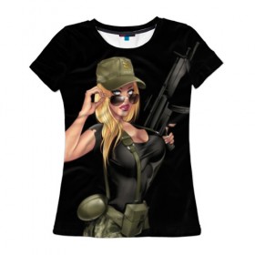 Женская футболка 3D с принтом Sexy army girl в городе Новоалтайск, 100% полиэфир ( синтетическое хлопкоподобное полотно) | прямой крой, круглый вырез горловины, длина до линии бедер | army | automatic | beautiful | big | black | blonde | body | camouflage | chest | cool | eyes | girl | holds | perfect | slim | uniform | weapon | автомат | армия | блондинка | большая | глаза | девушка | держит | идеальное | камуфляж | красивая