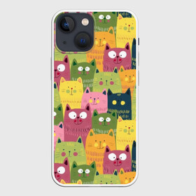 Чехол для iPhone 13 mini с принтом Коты в городе Новоалтайск,  |  | animals | big | blush | cats | children | colorful | colors | cute | drawing | eyes | green | homemade | orange | pink | round | style | yellow | большие | глаза | детский | домашние | желтый | животные | зеленый | коты | красочные | круглые | милые | ора