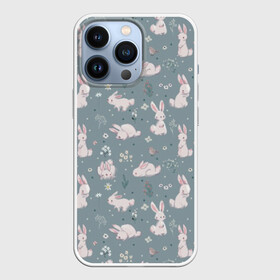 Чехол для iPhone 13 Pro с принтом Зайцы на лужайке в городе Новоалтайск,  |  | Тематика изображения на принте: animals | birds | butterflies | eared | field | flowers | hares | lawn | meadow | pink | rabbits | small | sports | summer | бабочки | животные | зайцы | кролики | лето | лужайка | маленькие | полевые | поляна | птицы | резвятся | розовые | ушастые | цвет