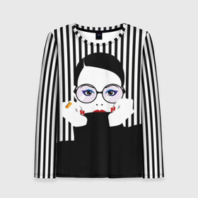 Женский лонгслив 3D с принтом Fashion girl в городе Новоалтайск, 100% полиэстер | длинные рукава, круглый вырез горловины, полуприлегающий силуэт | art | beautiful | black | black and white | bright | d | fashion | girl | gold | graphic | pop art | ring | round | woman | young | брюнетка | девушка | женщина | золото | искусство | кольцо | красивая | макияж | маникюр | мода | молодая | очки 