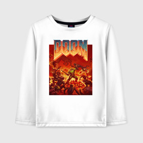 Детский лонгслив хлопок с принтом DOOM в городе Новоалтайск, 100% хлопок | круглый вырез горловины, полуприлегающий силуэт, длина до линии бедер | devil | doom | hell | mark of the doom slayer | slayer | ад | гарнил | дум | знаки | иероглифы | компьютерные игры 2019 | преисподняя | символ | солдат