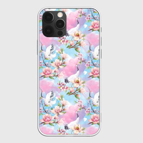 Чехол для iPhone 12 Pro Max с принтом Узор с журавлями в городе Новоалтайск, Силикон |  | Тематика изображения на принте: art | birds | blooming | buds | cherry | crane | flowers | fly | japanese | leaves | pattern | petals | pink | red headed | spring | watercolor | акварель | бутоны | весна | вишня | журавль | искусство | красноголовый | лепестки | летают | листья | м | пт