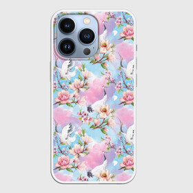 Чехол для iPhone 13 Pro с принтом Узор с журавлями в городе Новоалтайск,  |  | Тематика изображения на принте: art | birds | blooming | buds | cherry | crane | flowers | fly | japanese | leaves | pattern | petals | pink | red headed | spring | watercolor | акварель | бутоны | весна | вишня | журавль | искусство | красноголовый | лепестки | летают | листья | м | пт