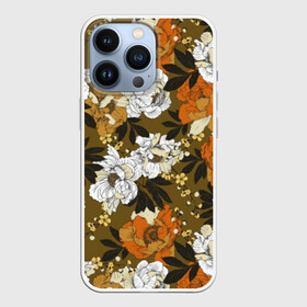Чехол для iPhone 13 Pro с принтом Пионы в городе Новоалтайск,  |  | Тематика изображения на принте: art | buds | flowers | garden | leaves | orange | pattern | peonies | petals | summer | watercolor | white | акварель | белые | бутоны | искусство | лепестки | лето | листья | оранжевые | пионы | садовые | узор | цветы