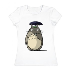 Женская футболка хлопок с принтом Totoro в городе Новоалтайск, 100% хлопок | прямой крой, круглый вырез горловины, длина до линии бедер, слегка спущенное плечо | totoro | аниме | для детей | животное | лес | мой сосед тоторо | мультфильм | тоторо