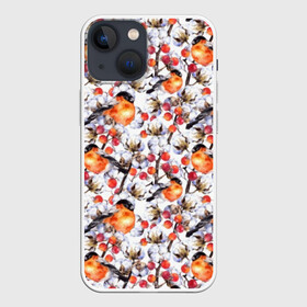 Чехол для iPhone 13 mini с принтом Снегири в городе Новоалтайск,  |  | art | berries | bullfinch | cocoons | cotton | nature | painting | plants | red | watercolor | winter birds | акварель | живопись | зимние | искусство | коконы | красные | природа | птицы | растения | снегири | хлопок | ягоды