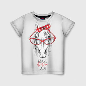 Детская футболка 3D с принтом Crazy horse lady в городе Новоалтайск, 100% гипоаллергенный полиэфир | прямой крой, круглый вырез горловины, длина до линии бедер, чуть спущенное плечо, ткань немного тянется | Тематика изображения на принте: animal | blonde | bow | crazy | cute | head | horse | lady | look | polka | portrait | red | white | бант | белая | белый | блондинка | взгляд | голова | горошек | животное | красный | леди | лошадь | милый | очки | портрет | сумасшедшая