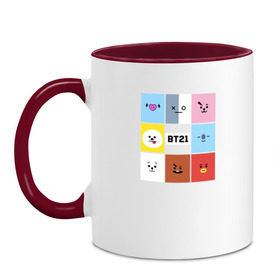 Кружка двухцветная с принтом BTS BT21 в городе Новоалтайск, керамика | объем — 330 мл, диаметр — 80 мм. Цветная ручка и кайма сверху, в некоторых цветах — вся внутренняя часть | bangtan boys | bt21 | bts | bts army | bts stickers | j hope | jimin | jin | jungkook | k pop | rap monster | rapmon | suga | v | бтс | корея | стикеры bts