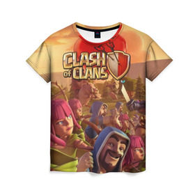 Женская футболка 3D с принтом Clash of Clans в городе Новоалтайск, 100% полиэфир ( синтетическое хлопкоподобное полотно) | прямой крой, круглый вырез горловины, длина до линии бедер | base | clan wars | coc | hall | hog rider | royale | town | trap | база | гоблин | золото | клеш оф кленс | кок | крепость | кристаллы | трофей | эликсир