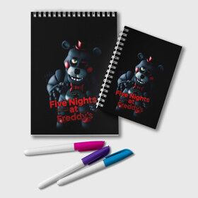 Блокнот с принтом Five Nights At Freddys в городе Новоалтайск, 100% бумага | 48 листов, плотность листов — 60 г/м2, плотность картонной обложки — 250 г/м2. Листы скреплены удобной пружинной спиралью. Цвет линий — светло-серый
 | five nights at freddys | foxy | аниматроники | игра | компьютерная игра | робот | фокси | фредди | фреди | чика