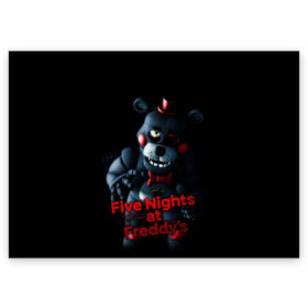 Поздравительная открытка с принтом Five Nights At Freddys в городе Новоалтайск, 100% бумага | плотность бумаги 280 г/м2, матовая, на обратной стороне линовка и место для марки
 | five nights at freddys | foxy | аниматроники | игра | компьютерная игра | робот | фокси | фредди | фреди | чика
