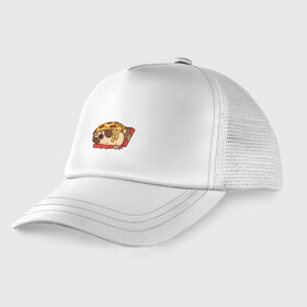 Детская кепка тракер с принтом Pizza Dog в городе Новоалтайск, Козырек - 100% хлопок. Кепка - 100% полиэстер, Задняя часть - сетка | универсальный размер, пластиковая застёжка | amimals | cook | dog | doggy | food | pizza | woof | боксер | бульдог | бультерьер | волк | гав | доберман | дог | долматинец | друг | еда | животные | йорк | кок | мопс | овчарка | пёс | песик | питомец | пицца | повар | пудель