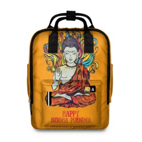 Женский рюкзак 3D с принтом Happy Buddha Purnima в городе Новоалтайск, 100% полиэстер | лямки с регулируемой длиной, сверху ручки, чтобы рюкзак нести как сумку. Основное отделение закрывается на молнию, как и внешний карман. Внутри два дополнительных кармана, один из которых закрывается на молнию. По бокам два дополнительных кармашка, куда поместится маленькая бутылочка
 | buddha | golden | happy | indian | kesa | lotus | monk | orange | ornament | pattern | pose | religion | shakyamuni | spiritual | te | будда | буддизм | духовный | золотой | индийский | кашая | кэса | лотос | оранжевый | орнамент | основатель | по