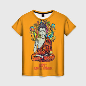 Женская футболка 3D с принтом Happy Buddha Purnima в городе Новоалтайск, 100% полиэфир ( синтетическое хлопкоподобное полотно) | прямой крой, круглый вырез горловины, длина до линии бедер | buddha | golden | happy | indian | kesa | lotus | monk | orange | ornament | pattern | pose | religion | shakyamuni | spiritual | te | будда | буддизм | духовный | золотой | индийский | кашая | кэса | лотос | оранжевый | орнамент | основатель | по