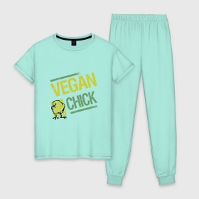 Женская пижама хлопок с принтом Vegan Chick в городе Новоалтайск, 100% хлопок | брюки и футболка прямого кроя, без карманов, на брюках мягкая резинка на поясе и по низу штанин | earth | green | greenpaece | nature | sport | vegan | world | yoga | веган | вегетарианец | гринпис | дерево | еда | животные | жизнь | здоровье | зеленый | йога | лес | мир | овощи | пища | планета | природа | птица | растение | спорт