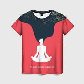 Женская футболка 3D с принтом International Yoga Day  в городе Новоалтайск, 100% полиэфир ( синтетическое хлопкоподобное полотно) | прямой крой, круглый вырез горловины, длина до линии бедер | black | day | ethnic | flower | girl | hair | international | lights | lips | lotus | red | sky | space | stars | woman | yoga | волосы | губы | девушка | день | женщина | звезды | йог | космос | красные | лотос | медитация | международный | небо | огни |