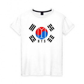 Женская футболка хлопок с принтом BTS KOREA в городе Новоалтайск, 100% хлопок | прямой крой, круглый вырез горловины, длина до линии бедер, слегка спущенное плечо | bangtan boys | bt21 | bts | bts army | bts stickers | j hope | jimin | jin | jungkook | k pop | korea | rap monster | rapmon | suga | v | бтс | корея | стикеры bts
