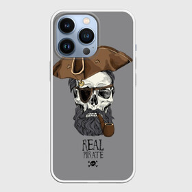 Чехол для iPhone 13 Pro с принтом Real pirate в городе Новоалтайск,  |  | beard | bones | crossed | drawing | font | funny | graphics | hat | inscription | mustache | one eyed | pipe | pirate | real | roger | skull | smoking | борода | весёлый | графика | кости | кури | надпись | одноглазый | перекрещенные | пират | реальный | 