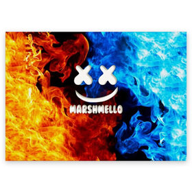 Поздравительная открытка с принтом Marshmello Fire в городе Новоалтайск, 100% бумага | плотность бумаги 280 г/м2, матовая, на обратной стороне линовка и место для марки
 | dj | fire | marshmello | usa | америка | вода | клубная музыка | мармело | маршмелло | маршмеллоу | музыка | музыкант | огонь