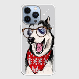 Чехол для iPhone 13 Pro с принтом Хаски в городе Новоалтайск,  |  | Тематика изображения на принте: animal | blue | breed | dog | drawing | eyes | graphic | husky | jaws | knitted | open | ornament | pattern | shawl | snow | winter | вязаный | глаза | голубые | графический | животное | зима | орнамент | открытая | очки | платок | порода | рису