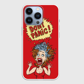 Чехол для iPhone 13 Pro с принтом Dont panic в городе Новоалтайск,  |  | Тематика изображения на принте: colored | comic | drawing | eyes | hair | horror | mouth | no | open | panic | pop art | protruding | retro | screaming | sticking out | woman | волосы | выпученные | глаза | дыбом | женщина | комикс | кричит | нет | открытый | паника | поп арт | ретро | 