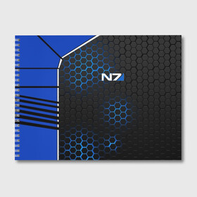 Альбом для рисования с принтом MASS EFFECT N7 в городе Новоалтайск, 100% бумага
 | матовая бумага, плотность 200 мг. | Тематика изображения на принте: blue | n7 | neon | броня | костюм | масс эффект | н7 | неон | синий | соты | стальная броня | стальные соты | шепард