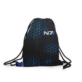 Рюкзак-мешок 3D с принтом MASS EFFECT N7 в городе Новоалтайск, 100% полиэстер | плотность ткани — 200 г/м2, размер — 35 х 45 см; лямки — толстые шнурки, застежка на шнуровке, без карманов и подкладки | blue | n7 | neon | броня | костюм | масс эффект | н7 | неон | синий | соты | стальная броня | стальные соты | шепард