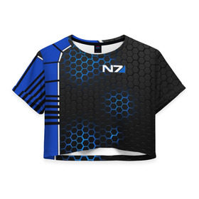 Женская футболка Cropp-top с принтом MASS EFFECT N7 в городе Новоалтайск, 100% полиэстер | круглая горловина, длина футболки до линии талии, рукава с отворотами | blue | n7 | neon | броня | костюм | масс эффект | н7 | неон | синий | соты | стальная броня | стальные соты | шепард