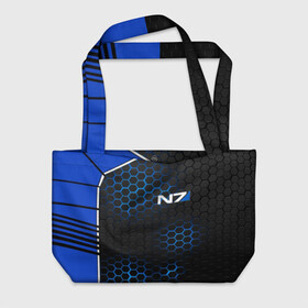 Пляжная сумка 3D с принтом MASS EFFECT N7 | МАСС ЭФФЕКТ Н7 в городе Новоалтайск, 100% полиэстер | застегивается на металлическую кнопку; внутренний карман застегивается на молнию. Стенки укреплены специальным мягким материалом, чтобы защитить содержимое от несильных ударов
 | blue | n7 | neon | броня | костюм | масс эффект | н7 | неон | синий | соты | стальная броня | стальные соты | шепард