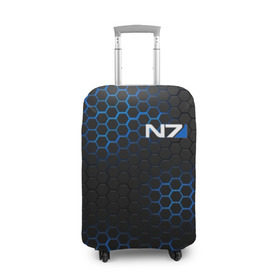Чехол для чемодана 3D с принтом MASS EFFECT N7 в городе Новоалтайск, 86% полиэфир, 14% спандекс | двустороннее нанесение принта, прорези для ручек и колес | blue | n7 | neon | броня | костюм | масс эффект | н7 | неон | синий | соты | стальная броня | стальные соты | шепард