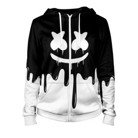 Женская толстовка 3D на молнии с принтом MARSHMELLO в городе Новоалтайск, 100% полиэстер | длина до линии бедра, манжеты и пояс оформлены мягкой тканевой резинкой, двухслойный капюшон со шнурком для регулировки, спереди молния, по бокам два кармана | black  white | colors | dj | marshmello | paints | usa | америка | клубная музыка | краски | маршмелло | музыка | музыкант