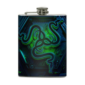 Фляга с принтом RAZER в городе Новоалтайск, металлический корпус | емкость 0,22 л, размер 125 х 94 мм. Виниловая наклейка запечатывается полностью | game | razer | texture | зеленый | игровое лого | игромания | игры | рэйзер | текстуры