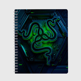 Тетрадь с принтом RAZER в городе Новоалтайск, 100% бумага | 48 листов, плотность листов — 60 г/м2, плотность картонной обложки — 250 г/м2. Листы скреплены сбоку удобной пружинной спиралью. Уголки страниц и обложки скругленные. Цвет линий — светло-серый
 | game | razer | texture | зеленый | игровое лого | игромания | игры | рэйзер | текстуры