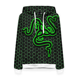 Женская толстовка 3D с принтом RAZER в городе Новоалтайск, 100% полиэстер  | двухслойный капюшон со шнурком для регулировки, мягкие манжеты на рукавах и по низу толстовки, спереди карман-кенгуру с мягким внутренним слоем. | game | razer | texture | зеленый | игровое лого | игромания | игры | рэйзер | текстуры