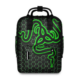 Женский рюкзак 3D с принтом RAZER в городе Новоалтайск, 100% полиэстер | лямки с регулируемой длиной, сверху ручки, чтобы рюкзак нести как сумку. Основное отделение закрывается на молнию, как и внешний карман. Внутри два дополнительных кармана, один из которых закрывается на молнию. По бокам два дополнительных кармашка, куда поместится маленькая бутылочка
 | game | razer | texture | зеленый | игровое лого | игромания | игры | рэйзер | текстуры