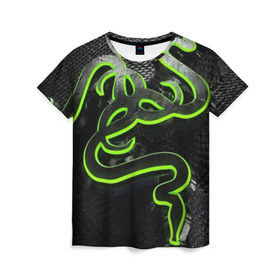 Женская футболка 3D с принтом RAZER в городе Новоалтайск, 100% полиэфир ( синтетическое хлопкоподобное полотно) | прямой крой, круглый вырез горловины, длина до линии бедер | game | razer | texture | зеленый | игровое лого | игромания | игры | рэйзер | текстуры