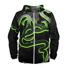 Мужская ветровка 3D с принтом RAZER в городе Новоалтайск, 100% полиэстер | подол и капюшон оформлены резинкой с фиксаторами, два кармана без застежек по бокам, один потайной карман на груди | Тематика изображения на принте: game | razer | texture | зеленый | игровое лого | игромания | игры | рэйзер | текстуры