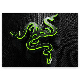 Поздравительная открытка с принтом RAZER в городе Новоалтайск, 100% бумага | плотность бумаги 280 г/м2, матовая, на обратной стороне линовка и место для марки
 | game | razer | texture | зеленый | игровое лого | игромания | игры | рэйзер | текстуры