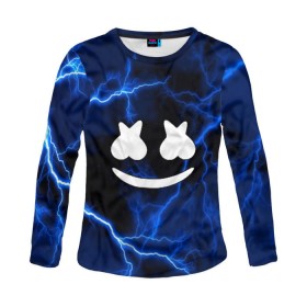 Женский лонгслив 3D с принтом Marshmello STORM в городе Новоалтайск, 100% полиэстер | длинные рукава, круглый вырез горловины, полуприлегающий силуэт | christopher comstock | dj | marshmello | music | диджей | клубная музыка | клубняк | крис комсток | логотип | маршмеллоу | музыка