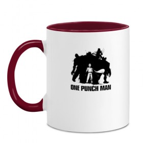 Кружка двухцветная с принтом One-Punch Man в городе Новоалтайск, керамика | объем — 330 мл, диаметр — 80 мм. Цветная ручка и кайма сверху, в некоторых цветах — вся внутренняя часть | one | one punch man | бесправный ездок | бласт | бэнг | ванпанчмен | генос | демон киборг | лысый плащ | ниндзя | сайтама | сверхзвуковой соник | серебряный клык | тацумаки | человек один удар