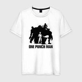 Мужская футболка хлопок с принтом One-Punch Man в городе Новоалтайск, 100% хлопок | прямой крой, круглый вырез горловины, длина до линии бедер, слегка спущенное плечо. | one | one punch man | бесправный ездок | бласт | бэнг | ванпанчмен | генос | демон киборг | лысый плащ | ниндзя | сайтама | сверхзвуковой соник | серебряный клык | тацумаки | человек один удар
