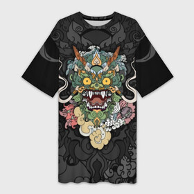 Платье-футболка 3D с принтом Дракон в городе Новоалтайск,  |  | character | dragon | east | eyes | fangs | horns | japan | japanese | legend | mask | mythological | pattern | yellow | восток | глаза | дракон | желтые | клыки | легенда | маска | мифологический | персонаж | рога | узор | япония | японский