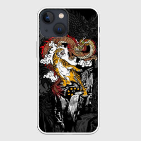 Чехол для iPhone 13 mini с принтом Тигр и дракон в городе Новоалтайск,  |  | animals | clouds | country | dragon | east | fangs | japanese | mythical | nature | predator | rising | sun | tiger | восток | восходящего | дракон | животные | клыки | мифический | облака | природа | солнца | страна | тигр | хищник | японский