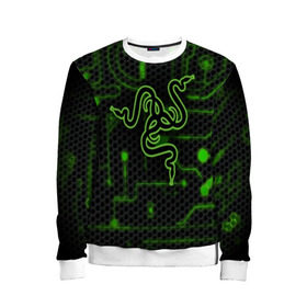 Детский свитшот 3D с принтом RAZER CARBON в городе Новоалтайск, 100% полиэстер | свободная посадка, прямой крой, мягкая тканевая резинка на рукавах и понизу свитшота | game | razer | texture | зеленый | игровое лого | игромания | игры | рэйзер | текстуры