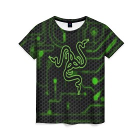 Женская футболка 3D с принтом RAZER CARBON в городе Новоалтайск, 100% полиэфир ( синтетическое хлопкоподобное полотно) | прямой крой, круглый вырез горловины, длина до линии бедер | game | razer | texture | зеленый | игровое лого | игромания | игры | рэйзер | текстуры