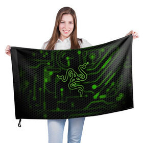 Флаг 3D с принтом RAZER CARBON в городе Новоалтайск, 100% полиэстер | плотность ткани — 95 г/м2, размер — 67 х 109 см. Принт наносится с одной стороны | game | razer | texture | зеленый | игровое лого | игромания | игры | рэйзер | текстуры